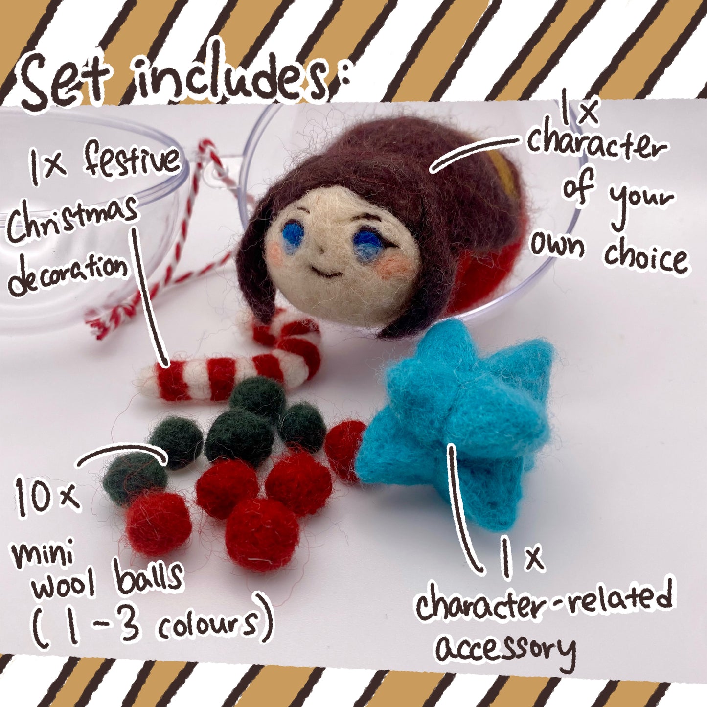 Custom Anime Character Christmas Ornament - Handmade Felt Bauble, Personalized Holiday Gift with Choice of Decorations and Colors